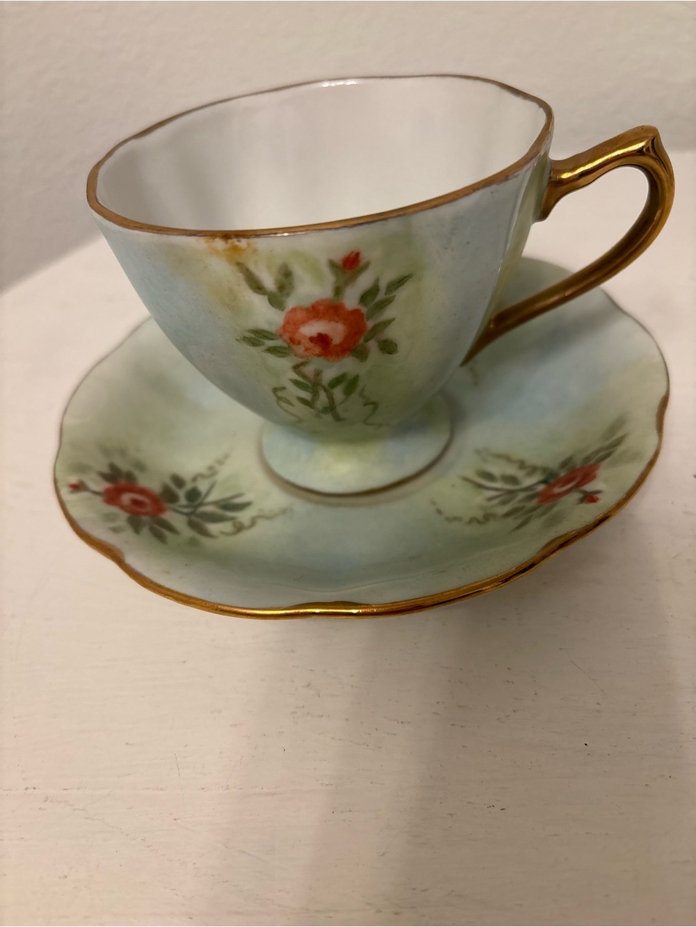 Vintage Handpainted Floral Blue Green Teacup and Saucer Plate Gold Rim
